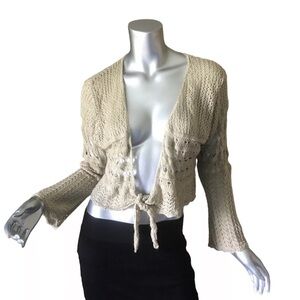Vintage 90’s CB Design Open Knit Cropped Boho Tie Front Cardigan Knit Top XL